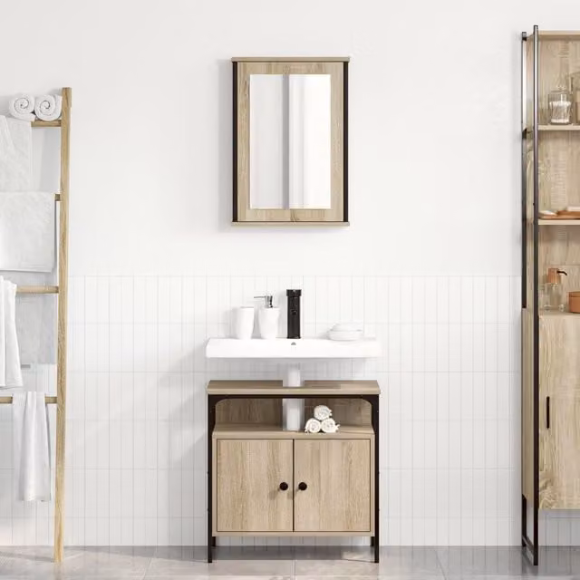Berkfield Home 2 Piece Modern Bathroom Cabinet Set in Sonoma Oak and Beige