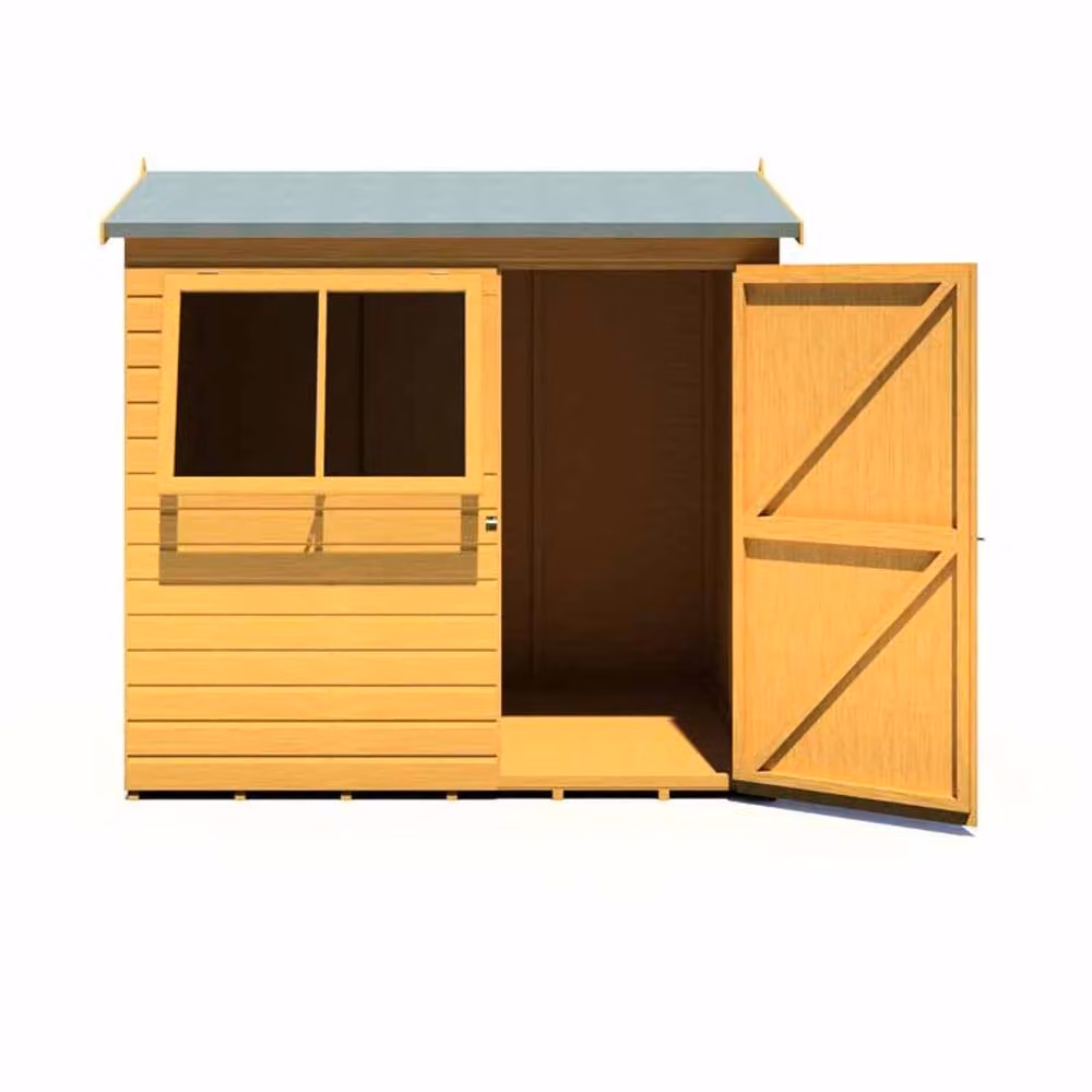 Shires Lewis Reverse Apex Style Single Door Wooden Garden Shed in Brown, W: 213.4 cm, D: 152.4 cm