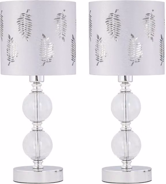 First Choice Lighting Set of 2 Chrome Two Ball Table Lamps with White Fabric Shades