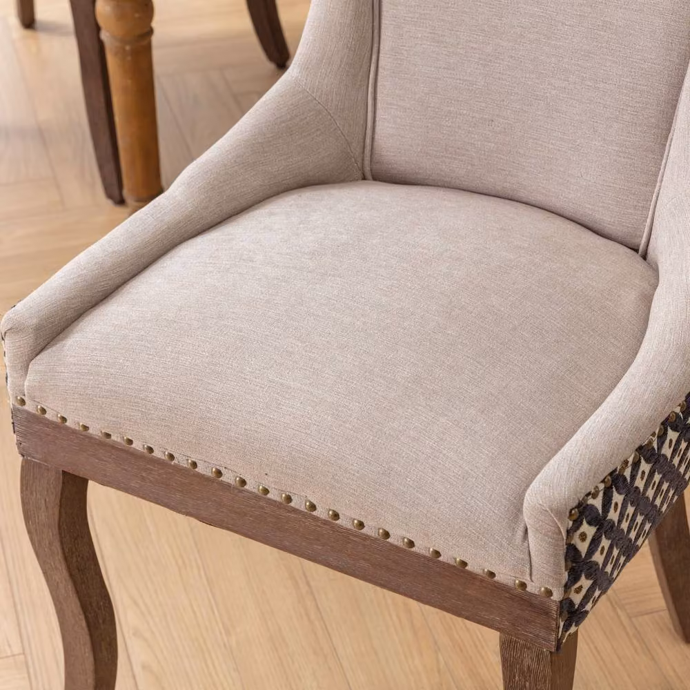 Modern Home Touch Bewley Set of 2 Vintage Linen Upholstered Kitchen Dining Chairs with Oak Wood Legs in Beige – 5