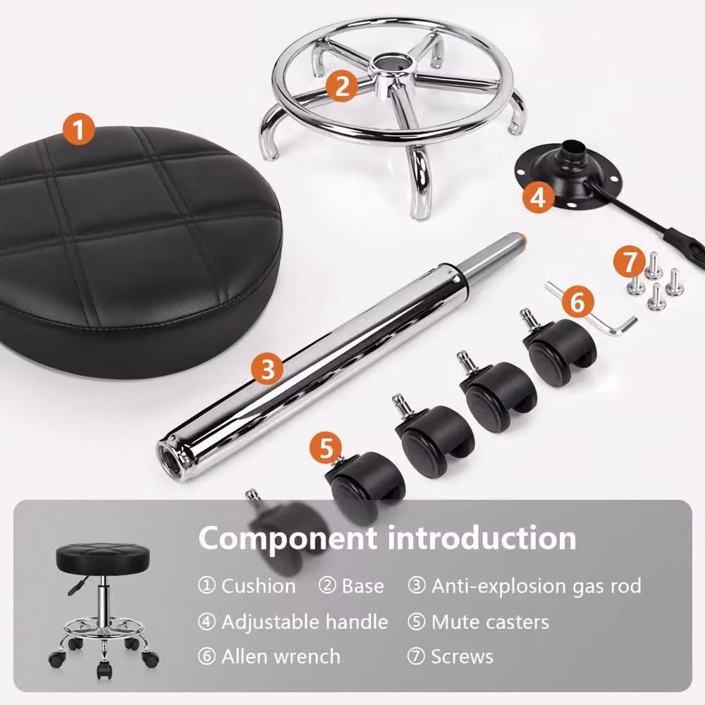 KKTONER Stylish Round Rolling Stool in Black PU Leather with Height Adjustment – 7