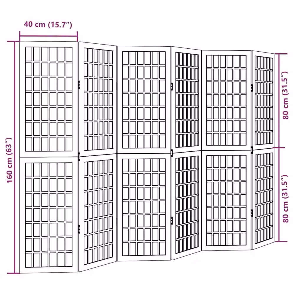 Berkfield Home 6 Panel Room Divider in Black Solid Paulownia Wood, H 215 cm x W 160 cm x D 6 cm – 6