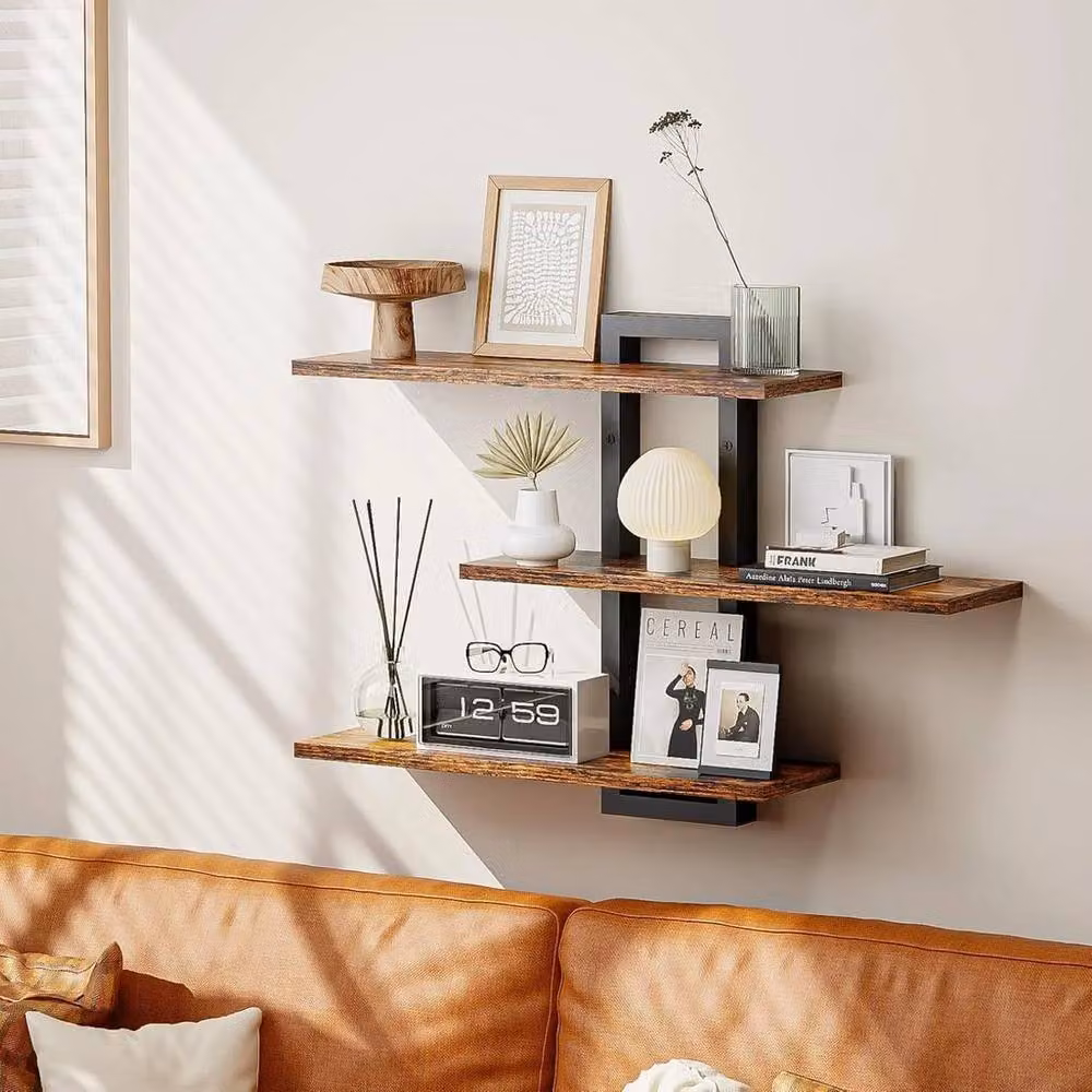 KORVIXA 3-Tier Brown Wooden Floating Shelves with Industrial Metal Wall Mount – 4