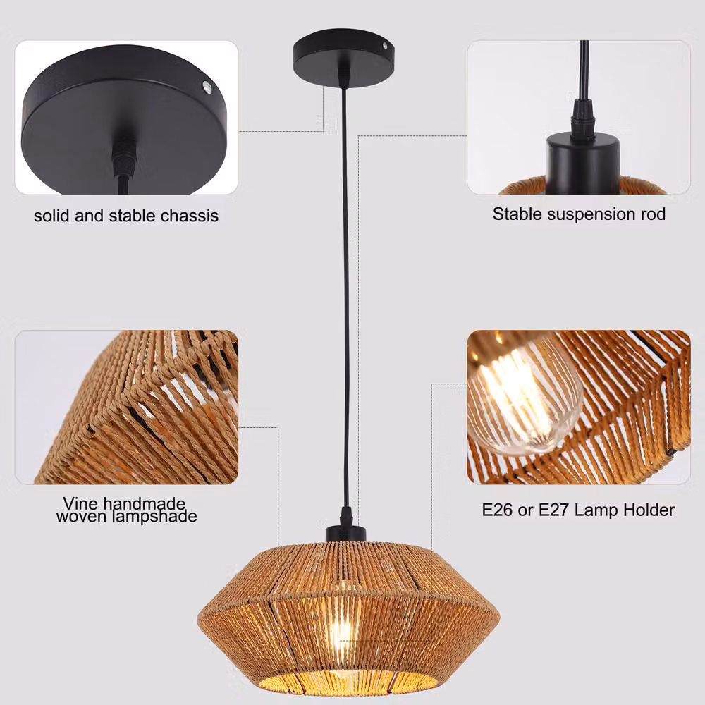 NIVOR 1 Boho Woven Rattan Pendant Light, Brown, Adjustable Height, E27 Chandelier – 7
