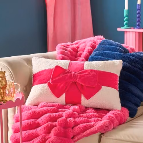 OHS Bow Wrapped Boucle Scatter Cushion in Pink and Beige, W: 50 cm, H: 30 cm