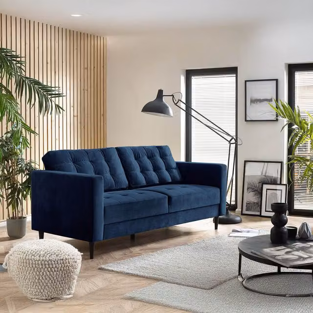 FurnitureboxUK Juno 3 Seat Velvet Sofa in Navy with Solid Wood Frame