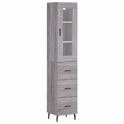 vidaXL Grey Sonoma Highboard with Hinged Doors and Internal Shelves, W/D/H: 34.5 x 34 x 180 cm