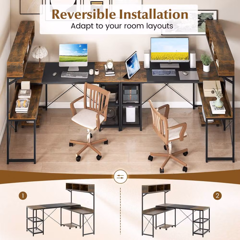 Costway L-Shaped Reversible Corner Computer Desk with Storage Hutch in Dark Brown – 4