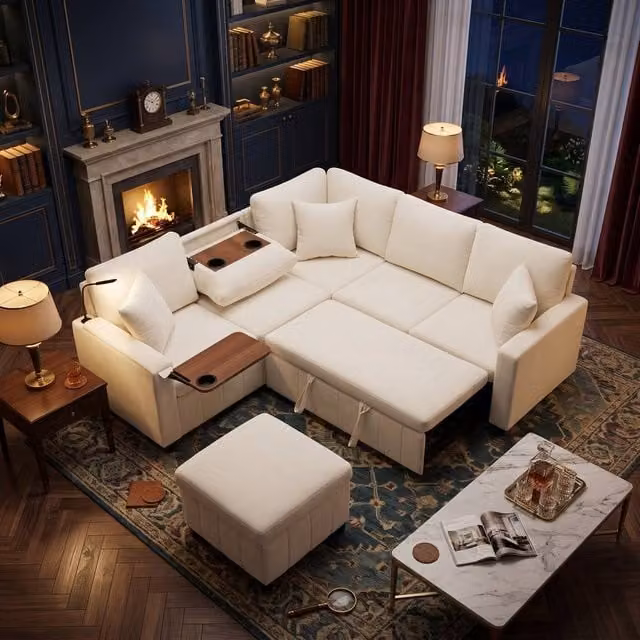 FENCHILIN Modern L-Shape Pull-out Sofa Bed with Hidden Table, Reading Lamp and Cup Holders in Beige Fabric