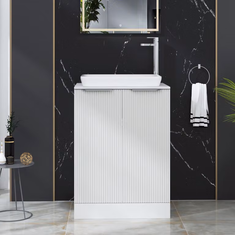 Royal Bathrooms Evora Matt White Fluted Floor Standing Countertop Vanity Unit with Qubix Basin and 2 Doors