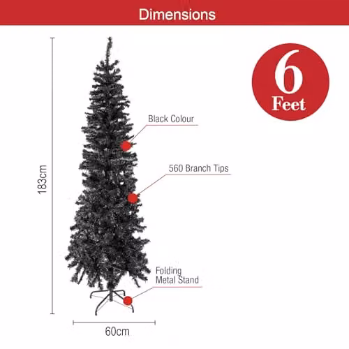 The Christmas Workshop 6ft Slimline Black Artificial Christmas Tree with Metal Stand – 3