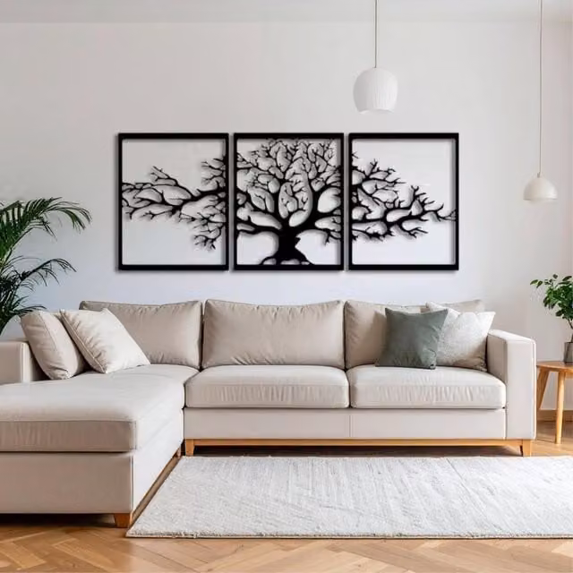 Decortie Platanus Triptych Metal Wall Art, Black Floral Botanical Design, 60 cm