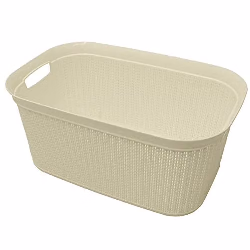 JVL White Knit Design Loop Plastic Rectangular Linen Washing Basket with Handles, 38L, W/D/H: 36.5 x 25.5 x 56.5 cm