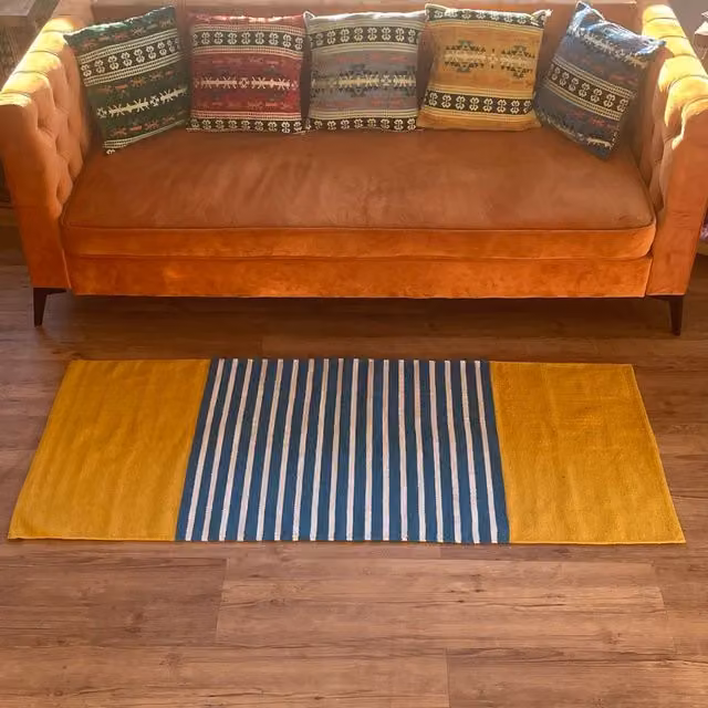 KDMK Ethnic Striped Rectangular Cotton Rug in Yellow and Blue