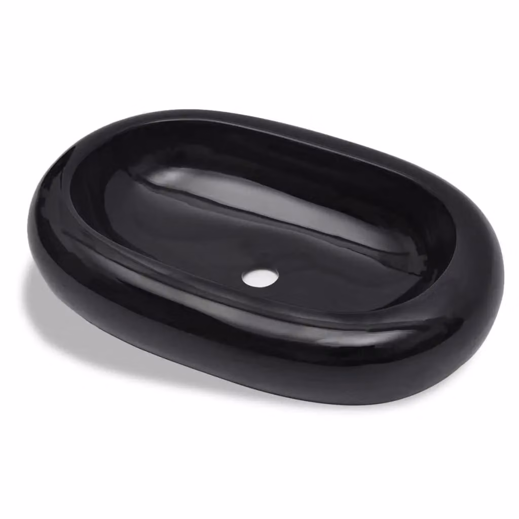 Berkfield Home Black Ceramic Oval Bathroom Sink Basin W: 42.0 cm, D: 12.0 cm, H: 63.0 cm – 2