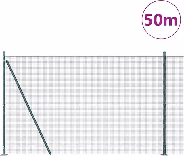 Berkfield Home Green Powder-Coated Steel Welded Wire Fence with 13 Flanged Posts, H: 1.4 m x L: 50 m