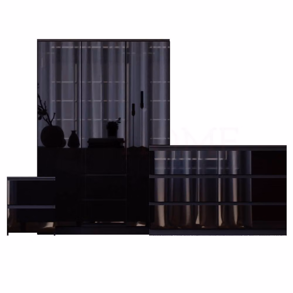 Vida Designs Glinton 3 Piece Black Glossy Bedroom Set Including Wardrobe, 6 Drawer Chest and 2 Drawer Bedside Tables – 3