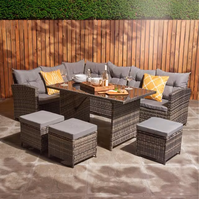 Home Treats 9 Seater Modern Rattan Garden Corner Sofa Set in Grey