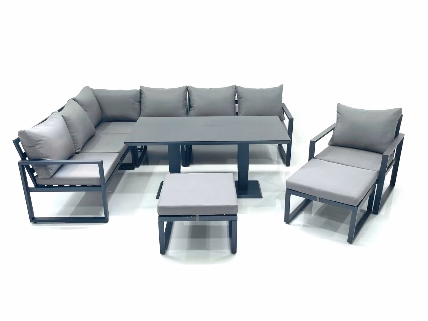 Fimous Aluminium Outdoor Garden Furniture Set in Dark Grey with Corner Sofa, Chair, 2 Footstools and Height Adjustable Dining Table – 2