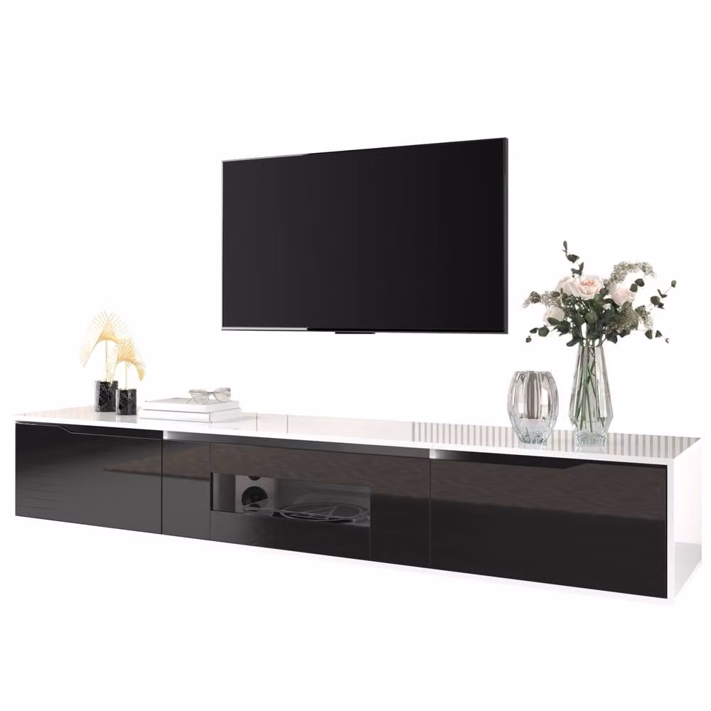 ModernLuxe High-gloss Black TV Cabinet with Door and Colour-changing LED Lights, W: 180 cm, H: 35 cm, D: 35 cm – 3
