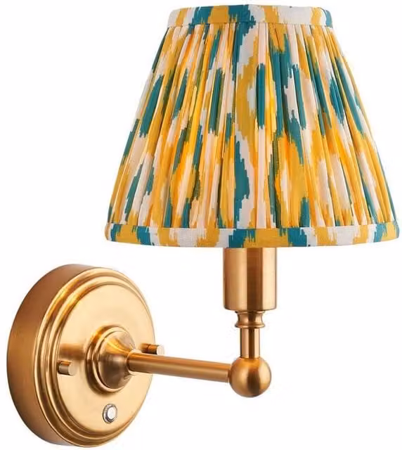 Netlighting Burley Rechargeable Yellow Wall Light with Jade Fabric Ikat Shade and Brass Finish, Diameter: 16 cm – 1