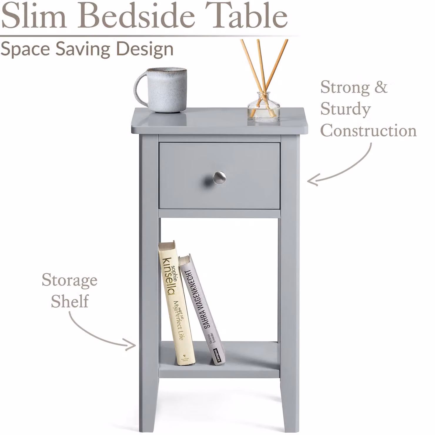 Christow Grey Slim Bedside Table with 1 Drawer and Storage Shelf – 2