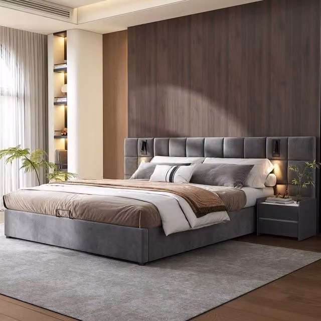 ModernLuxe Grey Velvet King Ottoman Bed with Wide Headboard, Integrated Reading Light and USB Charging Port, W/D/H: 150 x 200 x 102.5 cm
