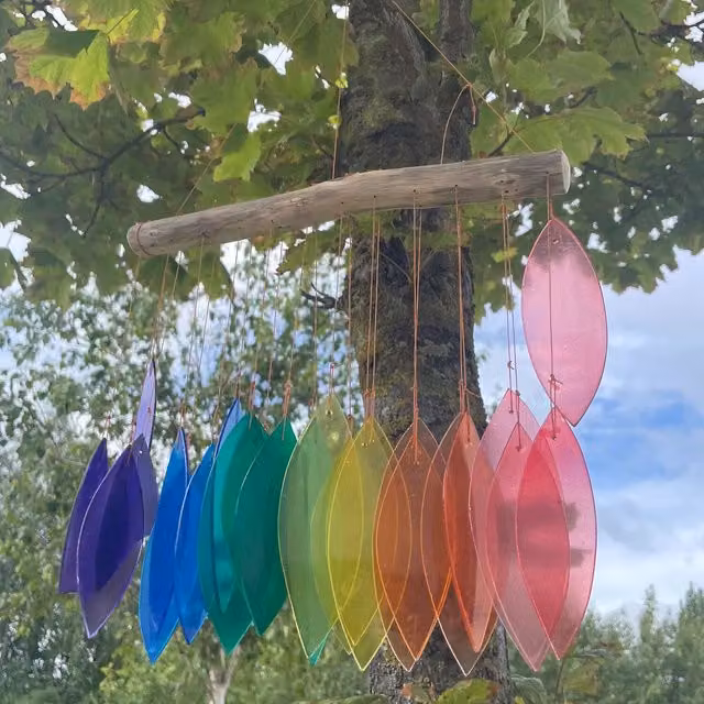KDMK Rainbow Hanging Glass Chime with Wood and Leaf Details in Multicolour