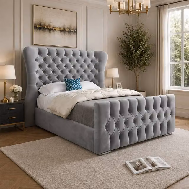 Casani Rendlesham Super King Upholstered Velvet Winged Bed Frame in Grey, W/D/H: 200 x 137 x 189 cm