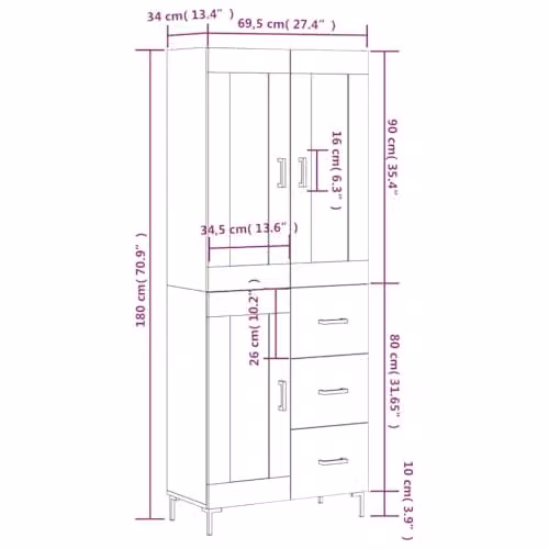 vidaXL Highboard in Smoked Oak with Glass Doors, W/D/H: 69.5 x 34 x 180 cm – 3