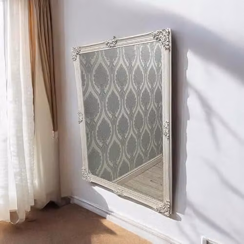 Minster Rectangular Floral Mirror in White, W: 92 cm, H: 122 cm, D: 8 cm
