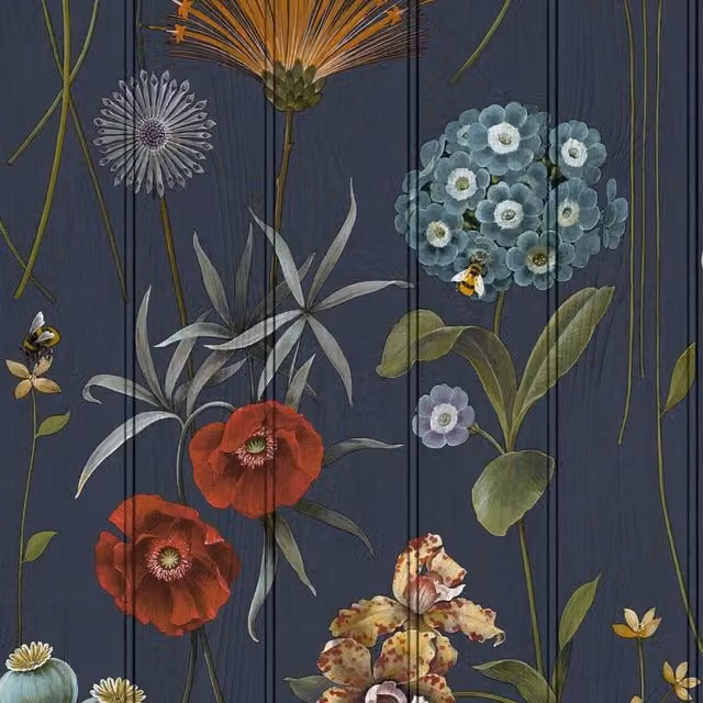 Belgravia Botanist Blue Floral Wood Panel Paper Wallpaper