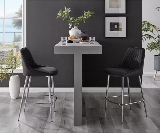FurnitureboxUK Set of 2 Fletcher Black Velvet Breakfast Bar Stools with Silver Metal Legs