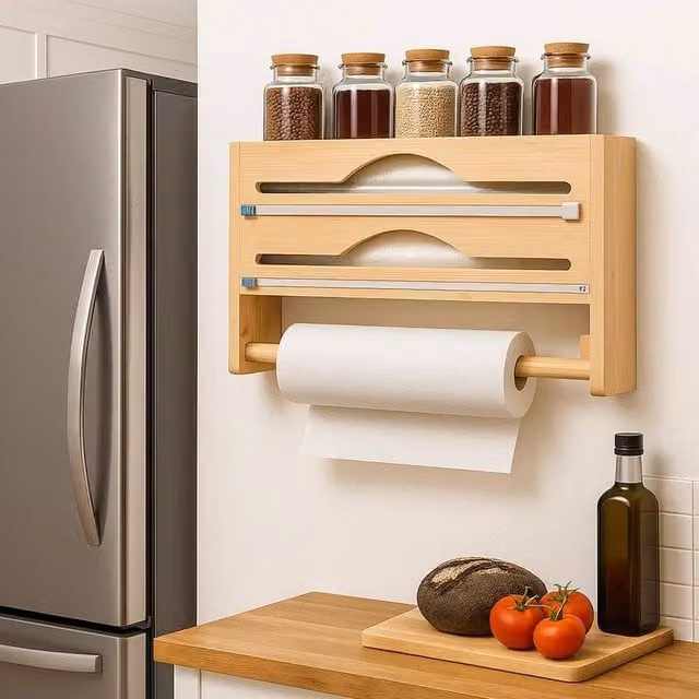 EONLION Wall Mounted Raw Wood Kitchen Roll Holder in Light Oak Brown – 1