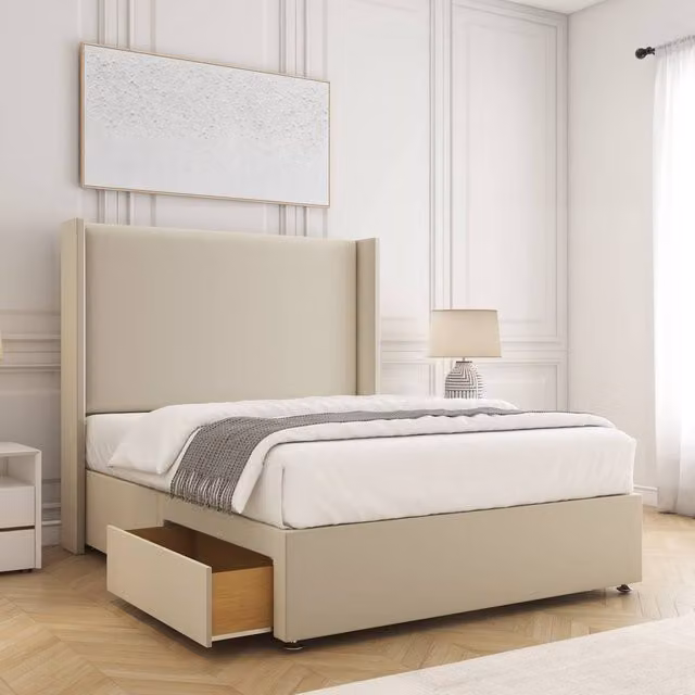 BSSPOKE Austin Double Divan Bed Set with 2 Drawers, Headboard and Mattress in Beige Plush Velvet, W/D/H: 140 x 200 cm