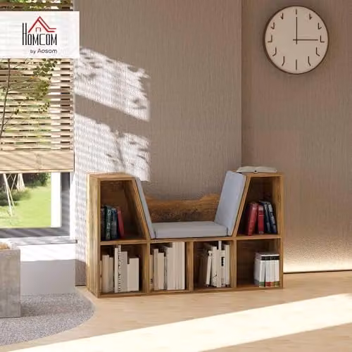 HOMCOM Bookcase Storage Shelf with Cushioned Reading Seat, Rustic Brown – 2