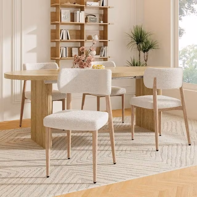 Rolipo Set of 4 Beige Boucle Dining Chairs with Natural Wood Grain Metal Legs – 1
