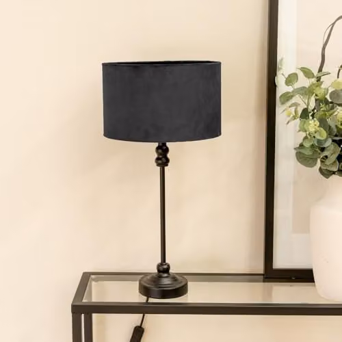 ValueLights Maggie Black Metal Candlestick Slim Table Lamp with Black Velvet Drum Shade – 2