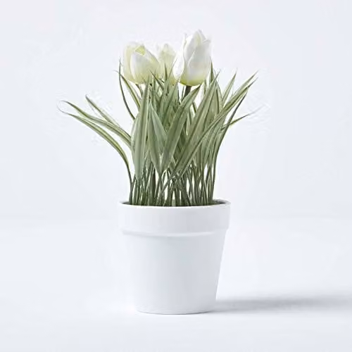 Homescapes White Artificial Tulips in a White Plastic Pot, Height: 22 cm