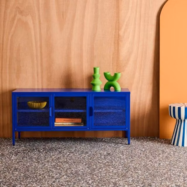 sweeek Industrial Metal and Tempered Glass TV Stand with 3 Doors, Blue, W: 120 cm, D: 35 cm, H: 55 cm – 1