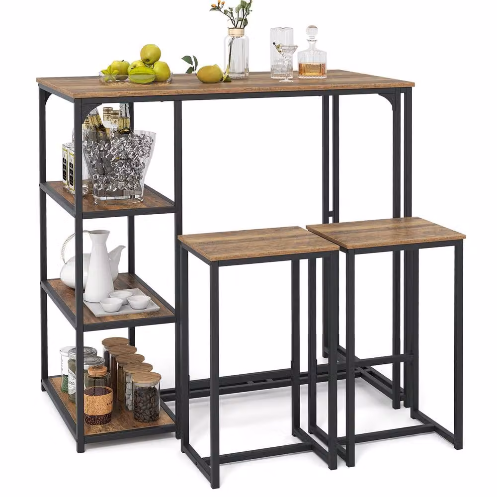 Costway 3-Piece Industrial Bar Table Set with 2 Stools in Brown – 3
