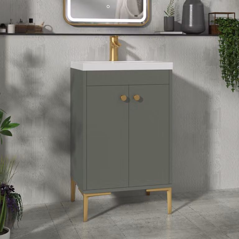 Royal Bathrooms Verona 500mm Matt Green Floor Standing 2 Door Vanity Unit with Mid-Edge Basin and Brushed Brass Knob