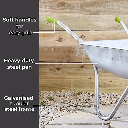 Neo Galvanised Metal Home Garden Cart Wheelbarrow with Pneumatic Tyre, Silver (65L) – 4