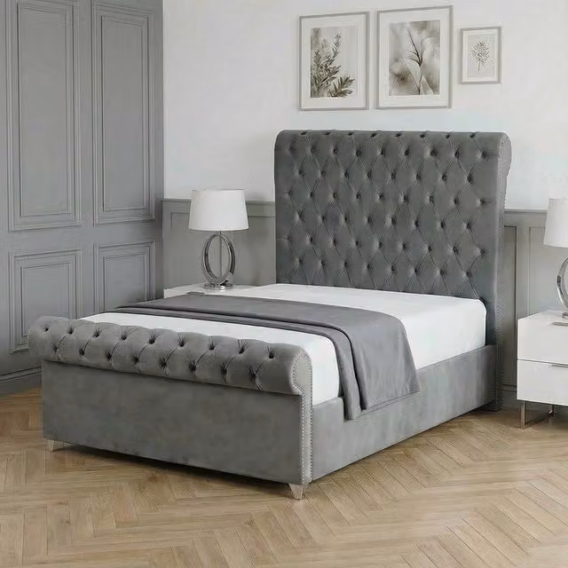 Living Comfort Bedz Regency Sleigh Ottoman Gas Lift Upholstered Velvet Bed in Charcoal Grey, Size: Single (90 x 190 cm)