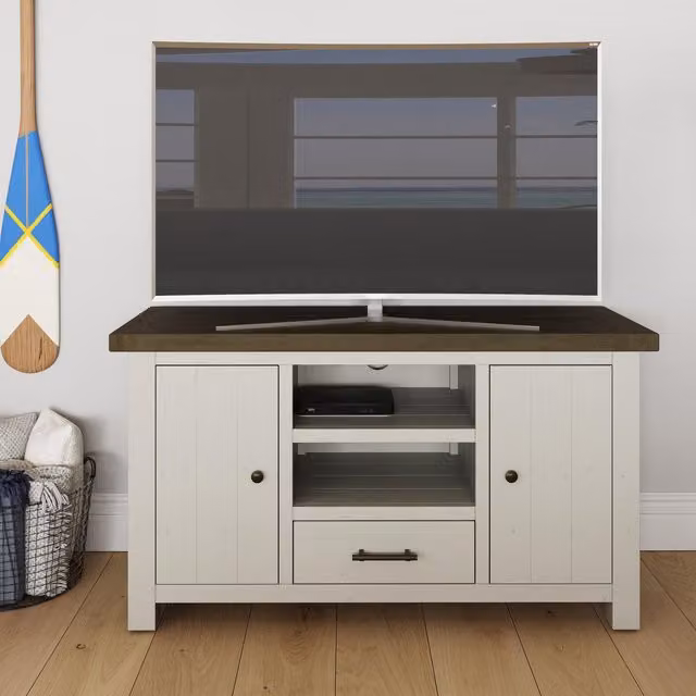 FWStyle Solid Reclaimed Pine Storage TV Unit in Driftwood Brown and White