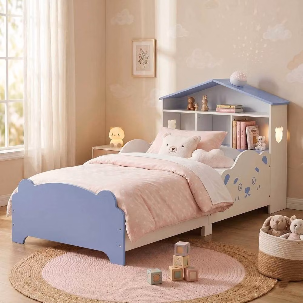 PAWNORA Solid Wood Toddler Bed Frame with House Frame and Side Compartments in Blue – 2