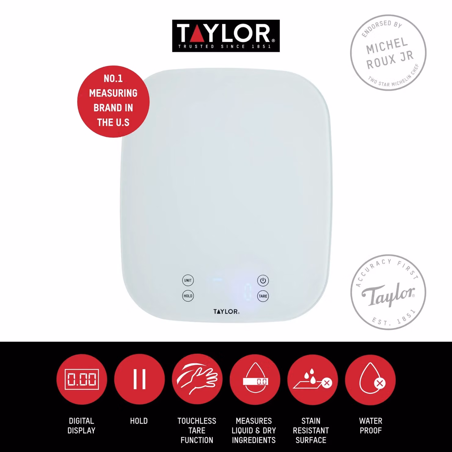 Taylor Pro Digital Kitchen Food Scales with Waterproof White Glass Design and 14 kg Capacity – 8