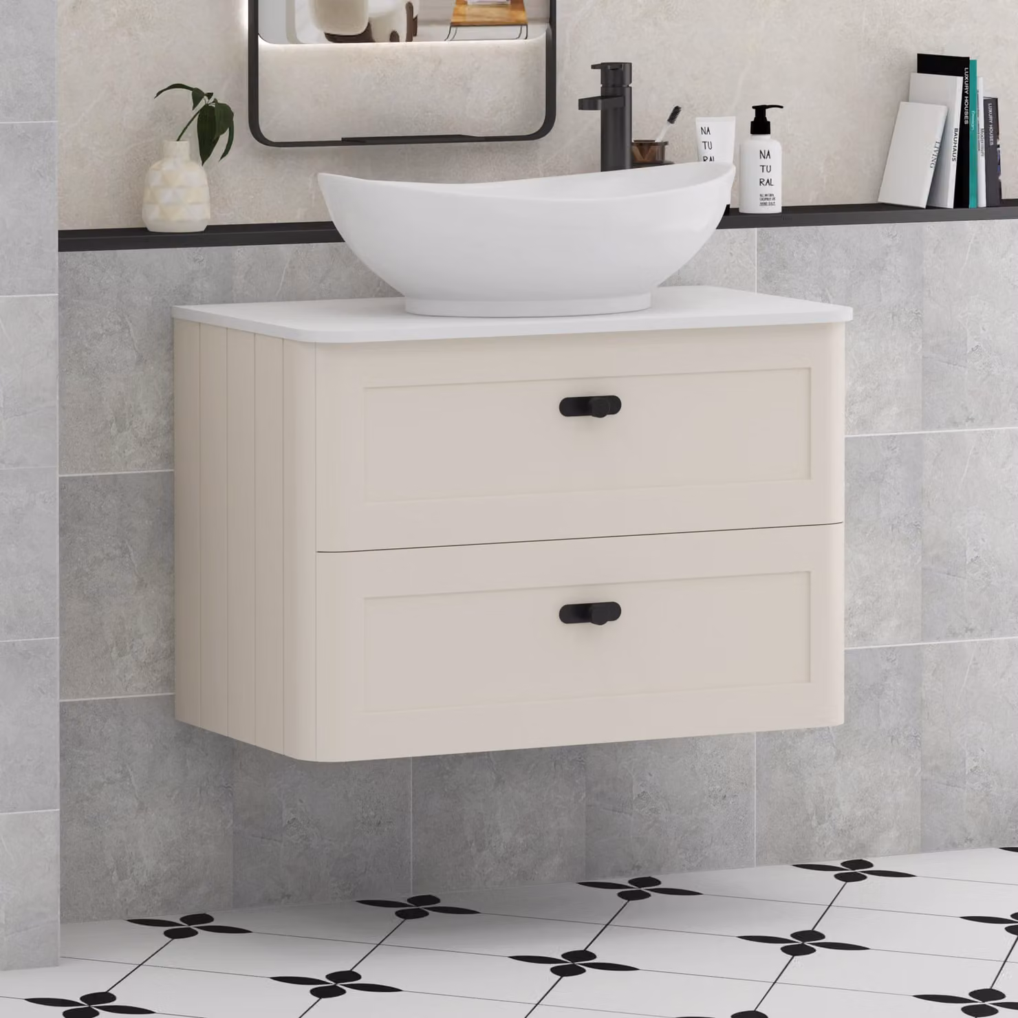 Royal Bathrooms Henley 800mm Mushroom Cashmere Wall Hung Vanity Unit with 2 Drawers, Plain White Worktop, Amaze Basin and Matt Black Knob