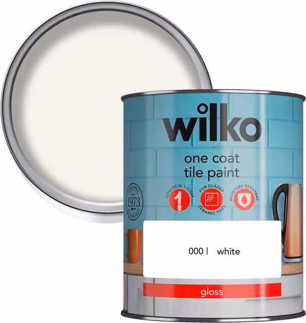 wilko One Coat High Gloss Interior Tile Paint, White, 0.75 l