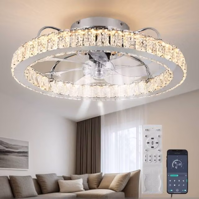 NIVOR Dimmable Crystal Ceiling Fan with LED Light, Remote and App Control, Metallic Silver